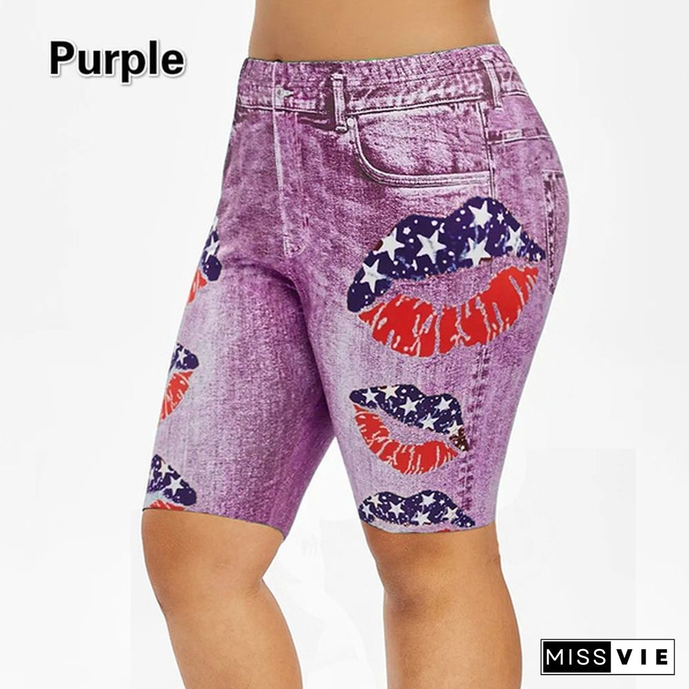 New Lips and Flag Print Women High Waist Leggings Short Faux Denim Fashion Capri Jegging Shorts Plus Size