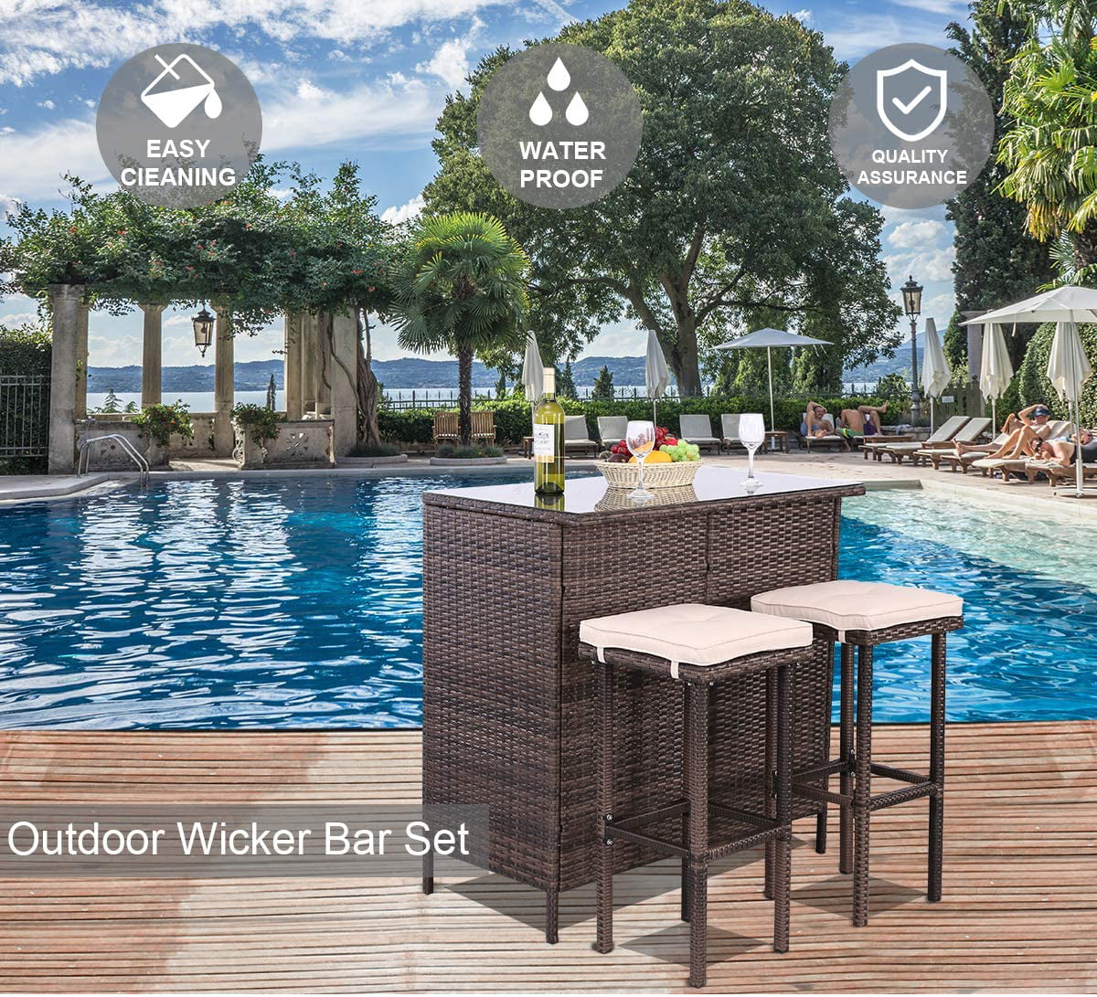 Polar Aurora 3PCS Patio Bar Set with Stools Glass Table top Wicker Outdoor Furniture with Cushions for Garden， Poolside， Beige