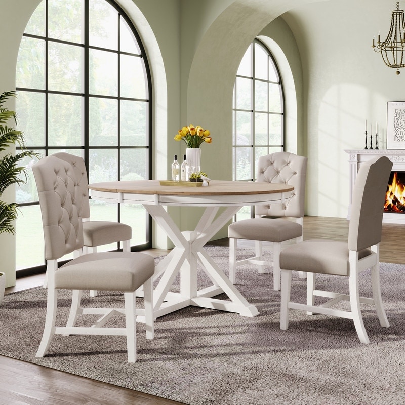 Retro Style 5 piece Functional Dining Table Set  Extendable Table and 4 Upholstered Chairs