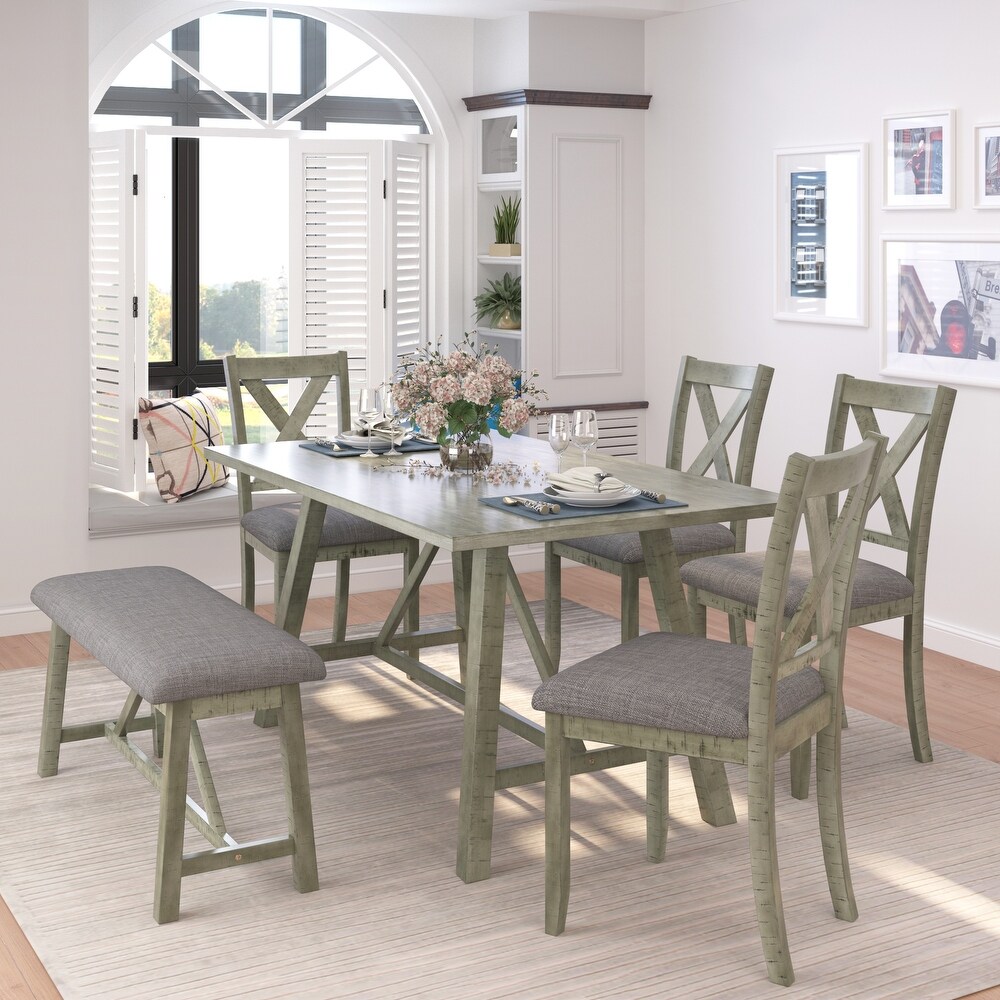 6 Piece Dining Table Set  Solid Wood Kitchen Furniture Set with Table  4 Padded Chairs and Bench  Farmhouse Rustic Dining Set