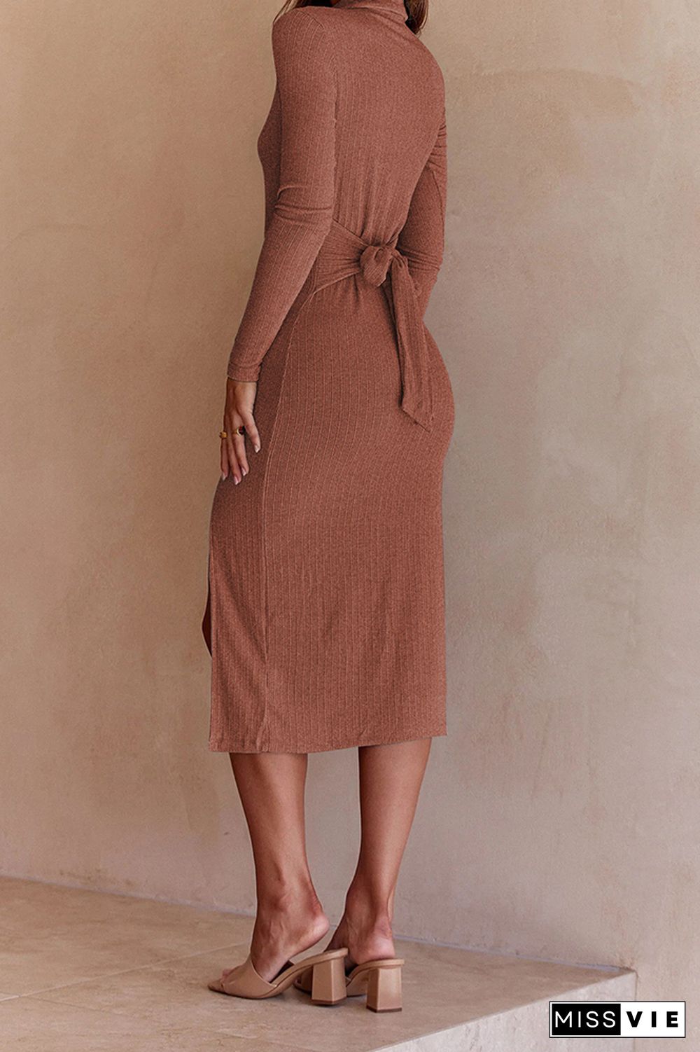 Button Down Split Knit Long Sleeves Midi Dress