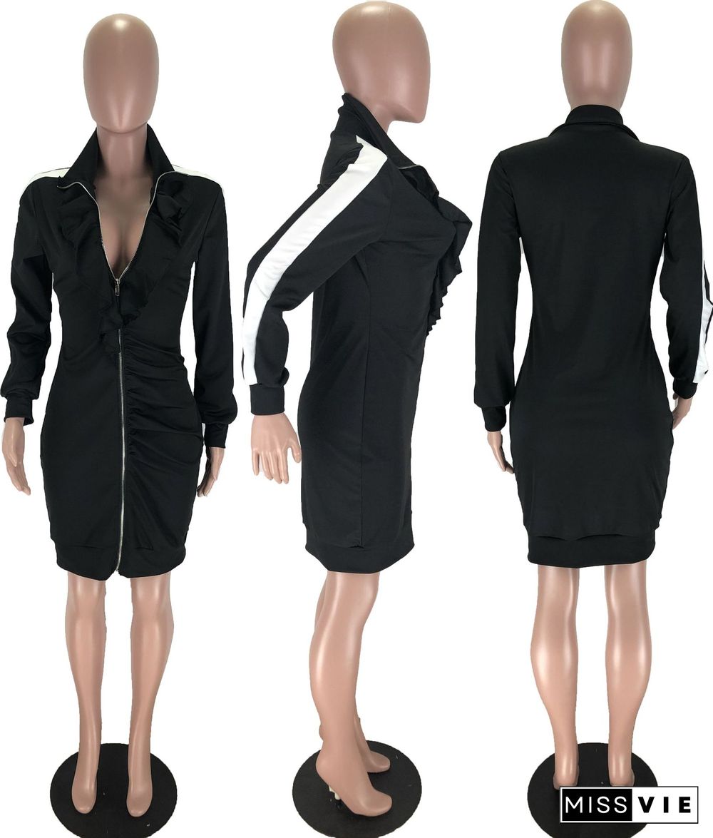 Black Lapel Neck Full Sleeve Tight Midi Zipper Dress