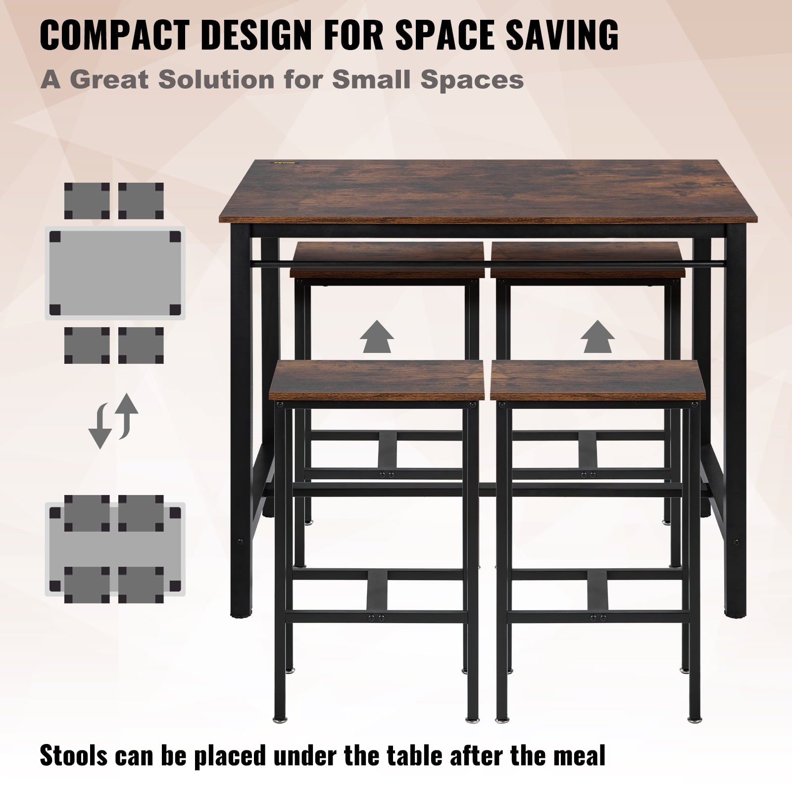 VEVOR Bar Table Set, 47 Bar Table and Chairs Set, Pub Table Set w/ 4 Stools, Iron Frame Counter Height Dining Sets, 5 Piece Saving Space Dining Table Set for Home, Kitchen, Living Room, Rustic Brown