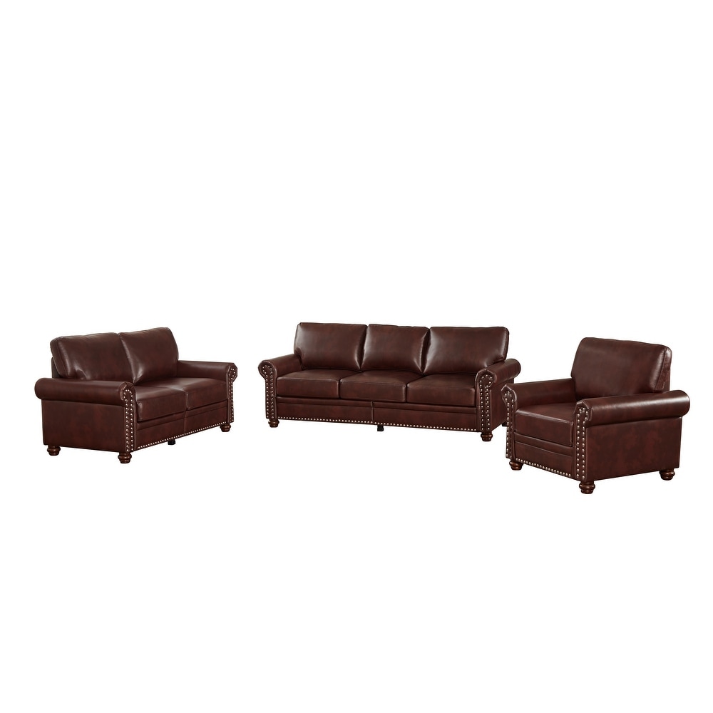 Faux Leather Sofa Set Nailheads Sectional Sofa Set with Removable Storage Boxes and Removable Cushions for Livingroom  Burgundy