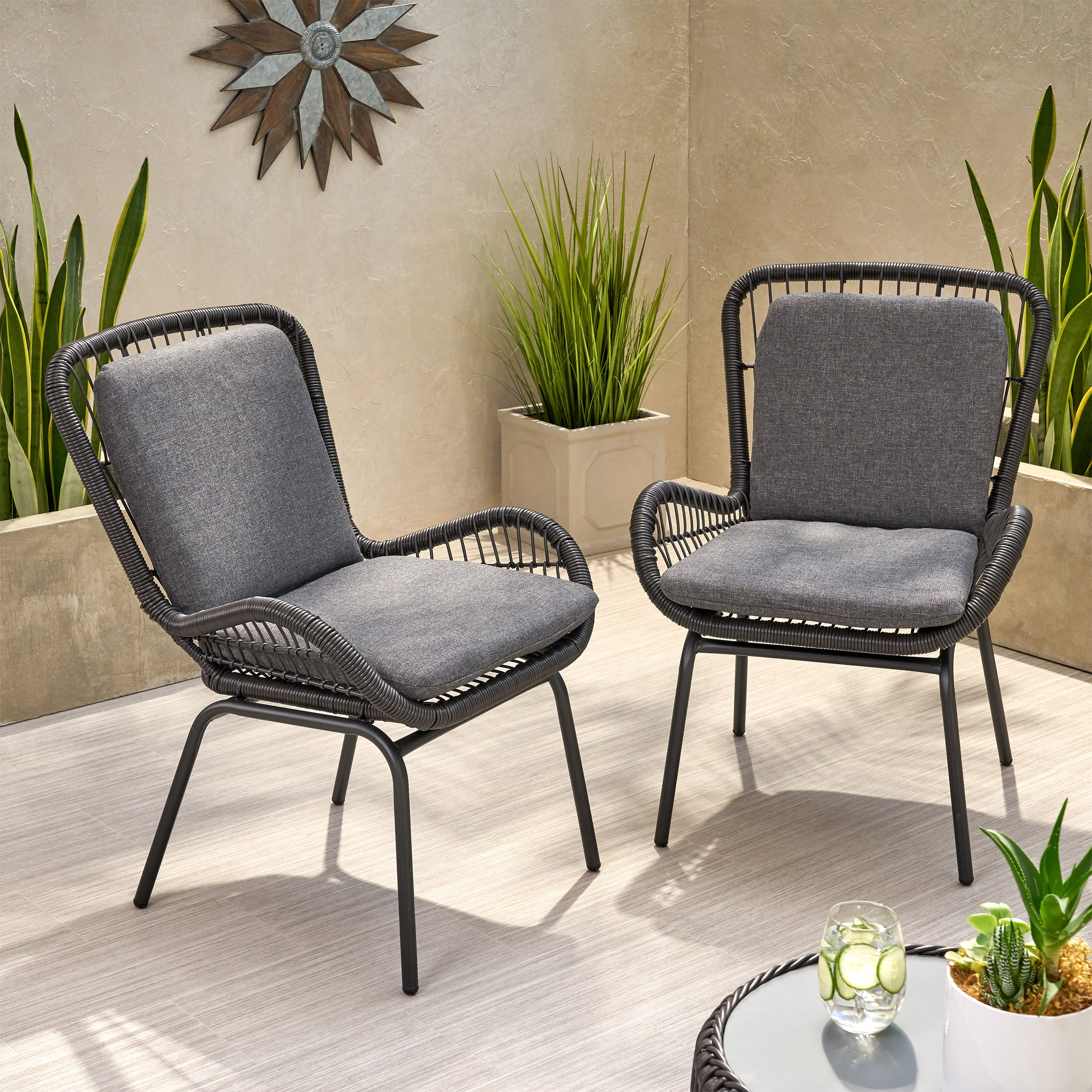 Averyrose Outdoor Wicker Club Chair with Cushions (Set of 2)