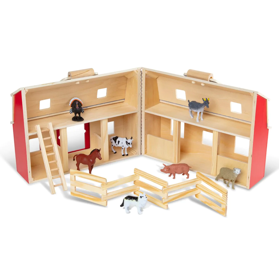 Melissa and Doug Fold and Go Wooden Barn With 7 Animal Play Figures - Farm Animals Barn Toy， Portable Toys， Farm Toys For Kids And Toddlers Ages 3+