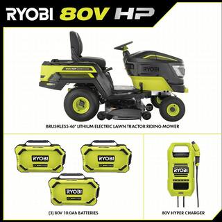 RYOBI 80V HP Brushless 46 in. Battery Electric Cordless Riding Lawn Tractor with (3) 80V 10Ah Batteries and Charger RYRM8070