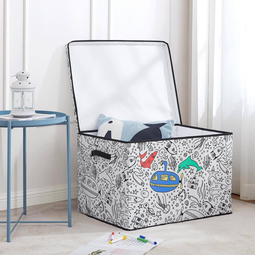 BAUM Kid's Coloring Cube Storage Bin with Removable Divider and 4-Pack of Washable Marker 21A350UE