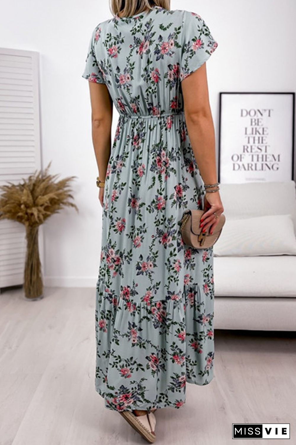 Fashion Elegant Floral Split Joint Flounce V Neck A Line Dresses