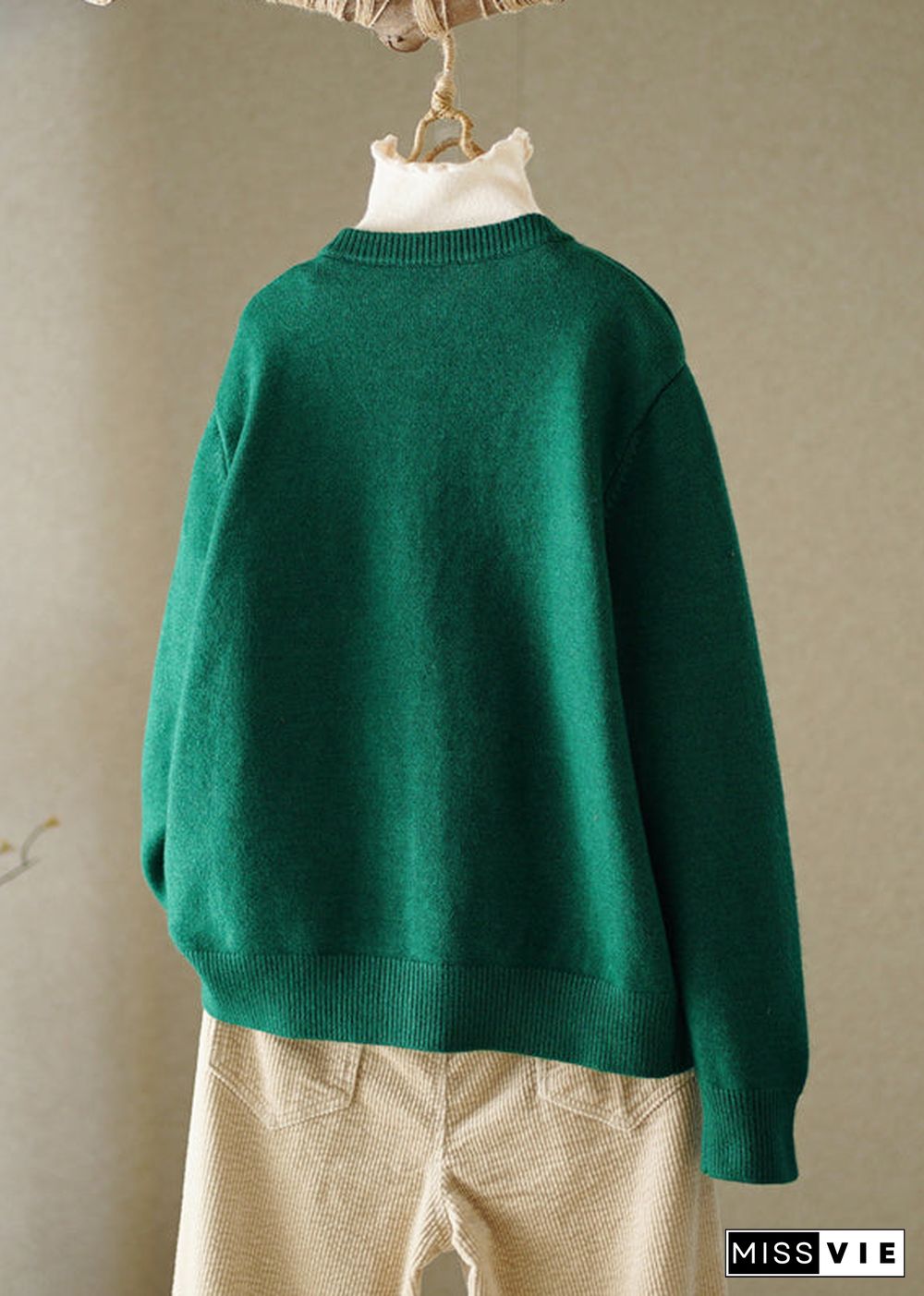 Boutique Green O-Neck Embroideried Button Knitted Cotton Thread Cardigans Fall