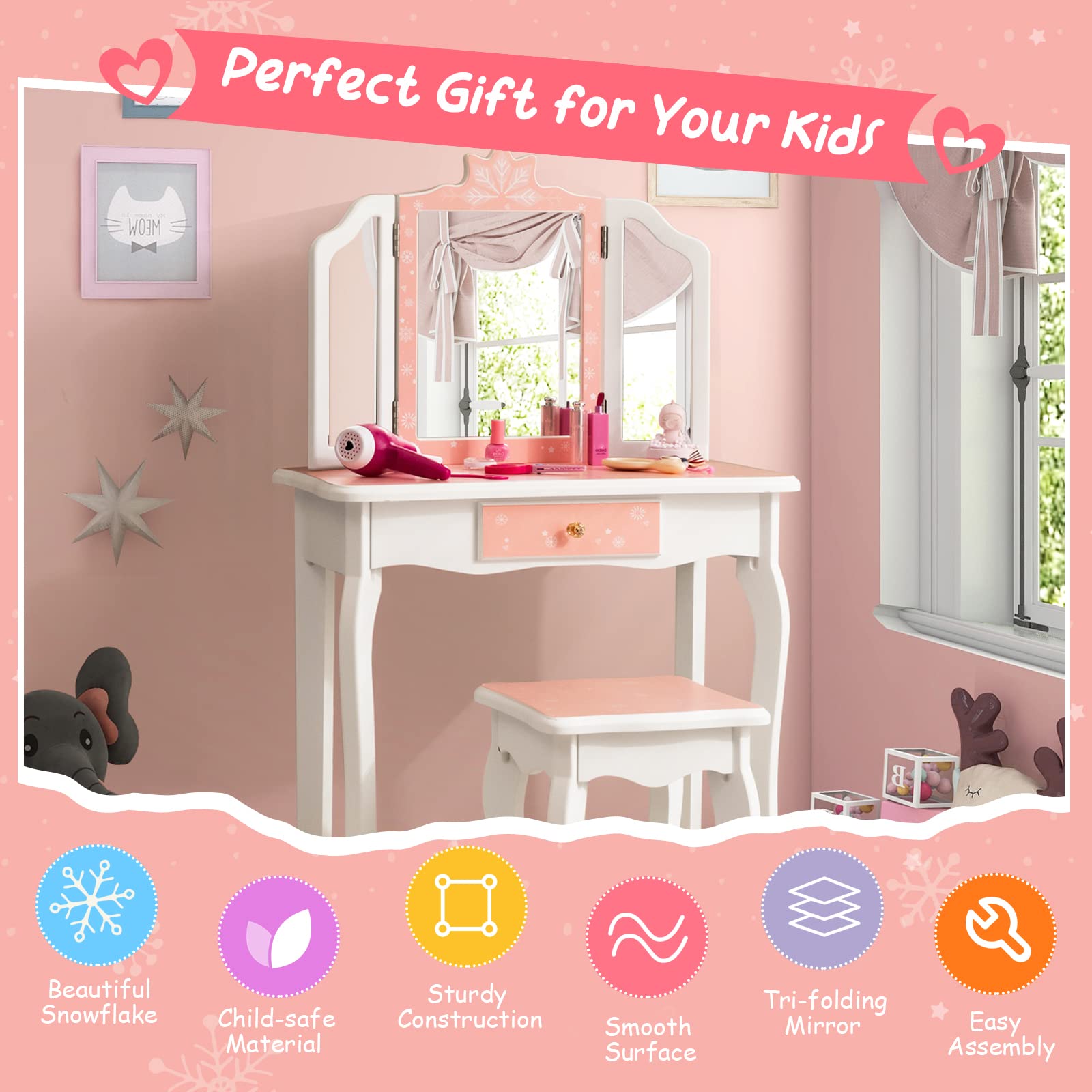 Costzon Kids Vanity Table and Chair Set, Girls Vanity Set with Mirror and Stool, Pretend Play Vanity Set for Little Girls