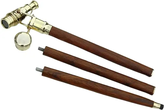 Victorian Brown Wooden Walking Cane With Brass Telescope Handle Foldable Unisex Wooden Stick For Indoor Outdoor Use