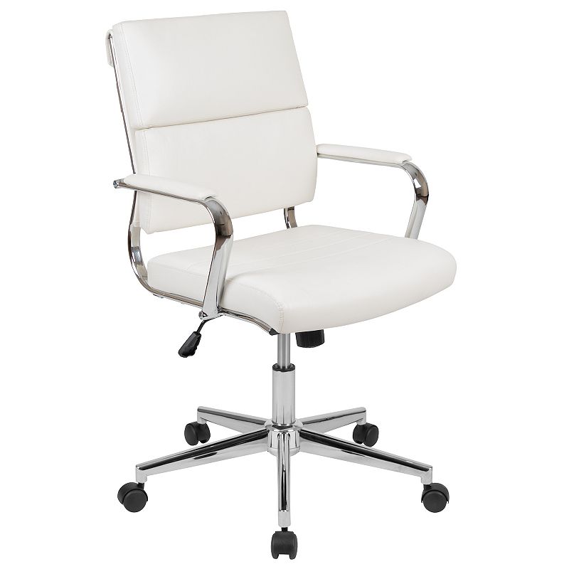 Merrick Lane McEntyre White Ergonomic Swivel Office Chair Panel Style Mid-Back Faux Leather Computer Desk Chair with Padded Chrome Arms and Base