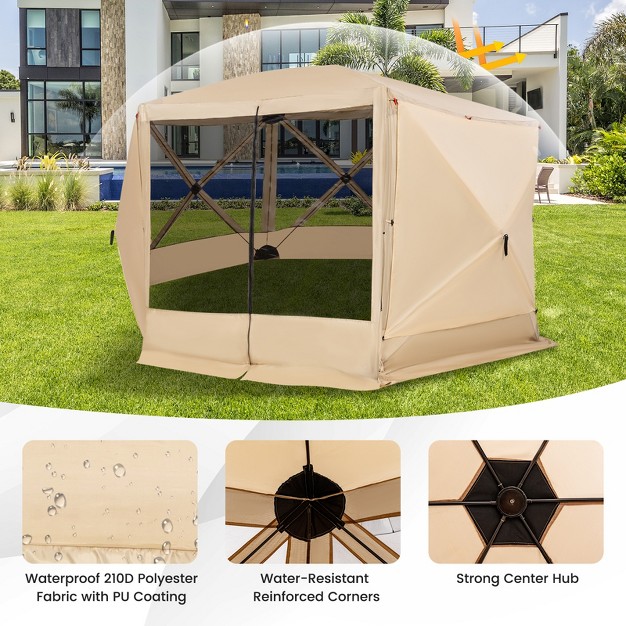 Costway 11 5 X 11 5 Ft 6 sided Pop up Screen House Tent With 2 Wind Panels For Camping Coffee green