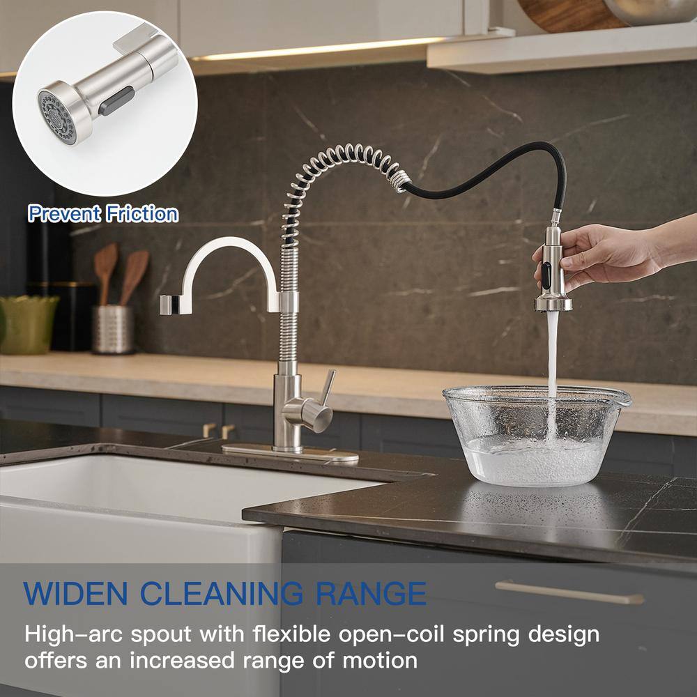 BWE Single-Handle Pull-Down Sprayer 2 Spray High Arc Kitchen Faucet in Brushed Nickel A-94004-N