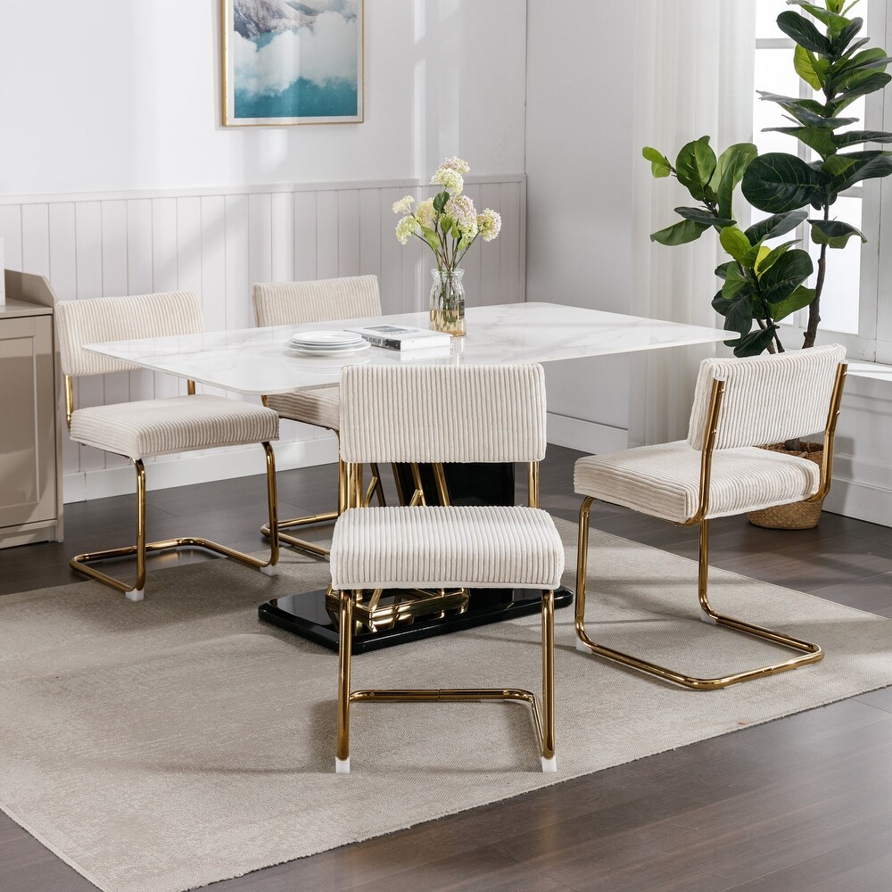 Modern Dining Chairs with Corduroy Fabric Gold Metal Base  Accent Armless Kitchen Chairs with Channel Tufting Set of 2