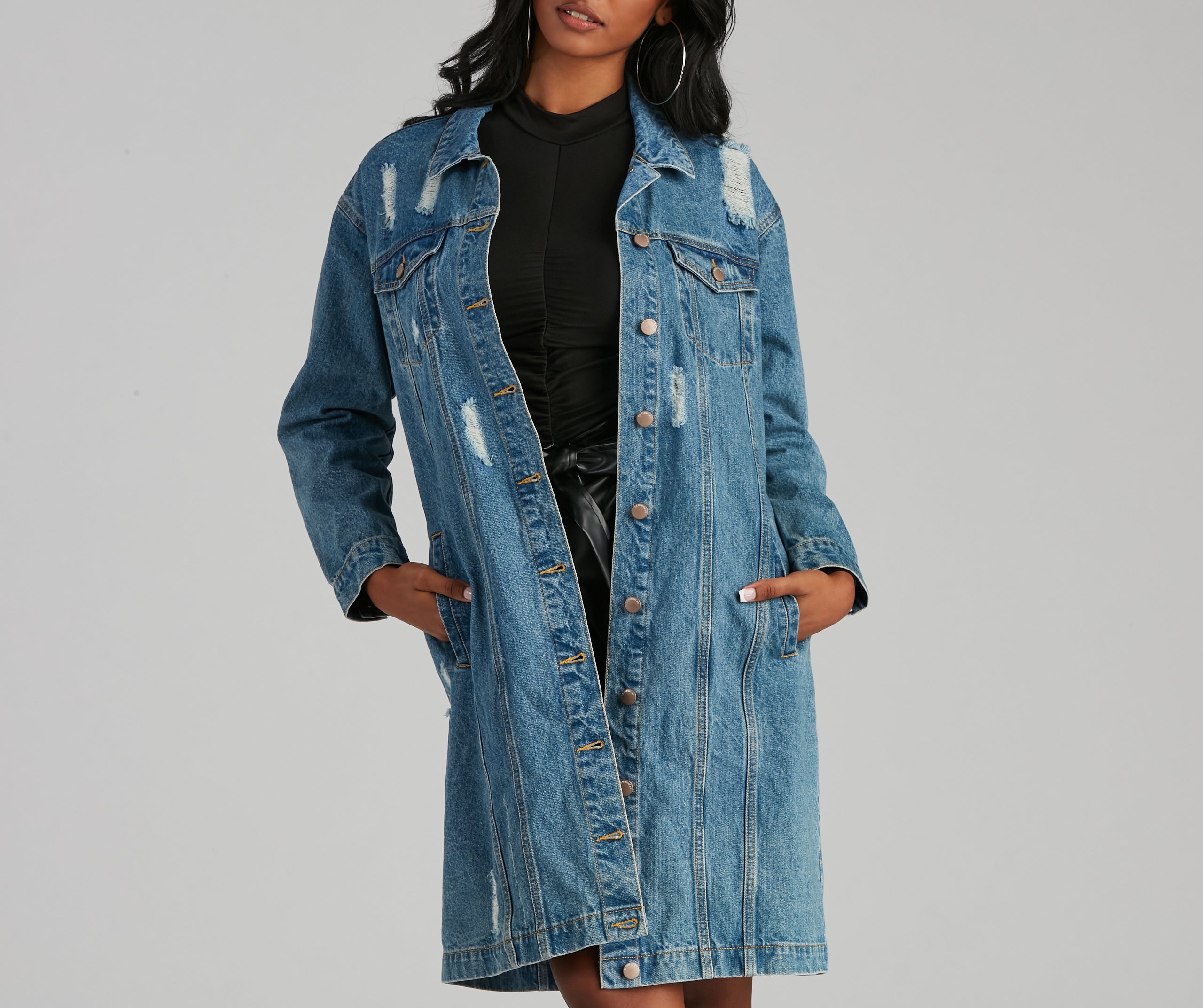 Distressed Denim Long Line Jacket