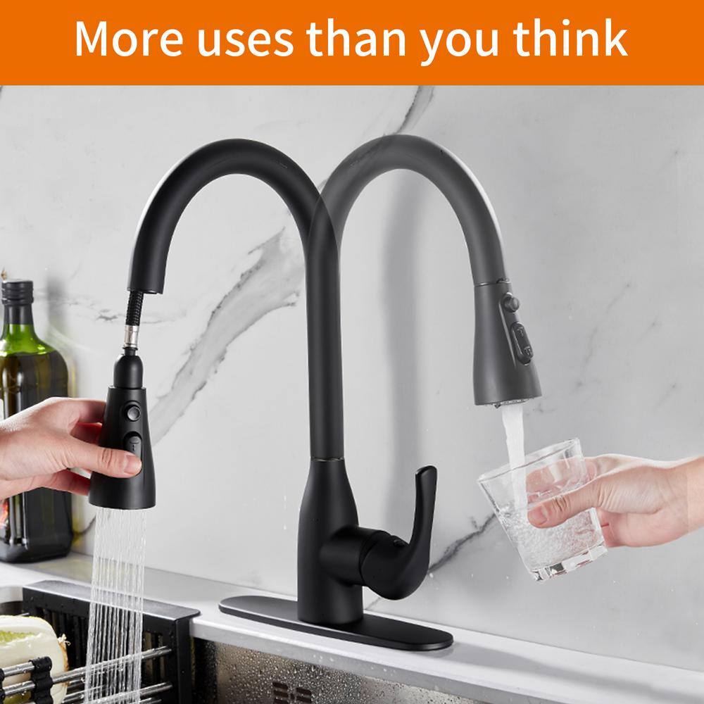 Zalerock Single Handle Pull Down Sprayer Kitchen Faucet with Deck Plate Included in Matte Black HLTHP0233