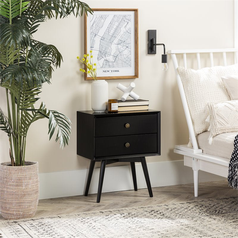 Mid Century Modern 2-Drawer Bedroom Nightstand in Black