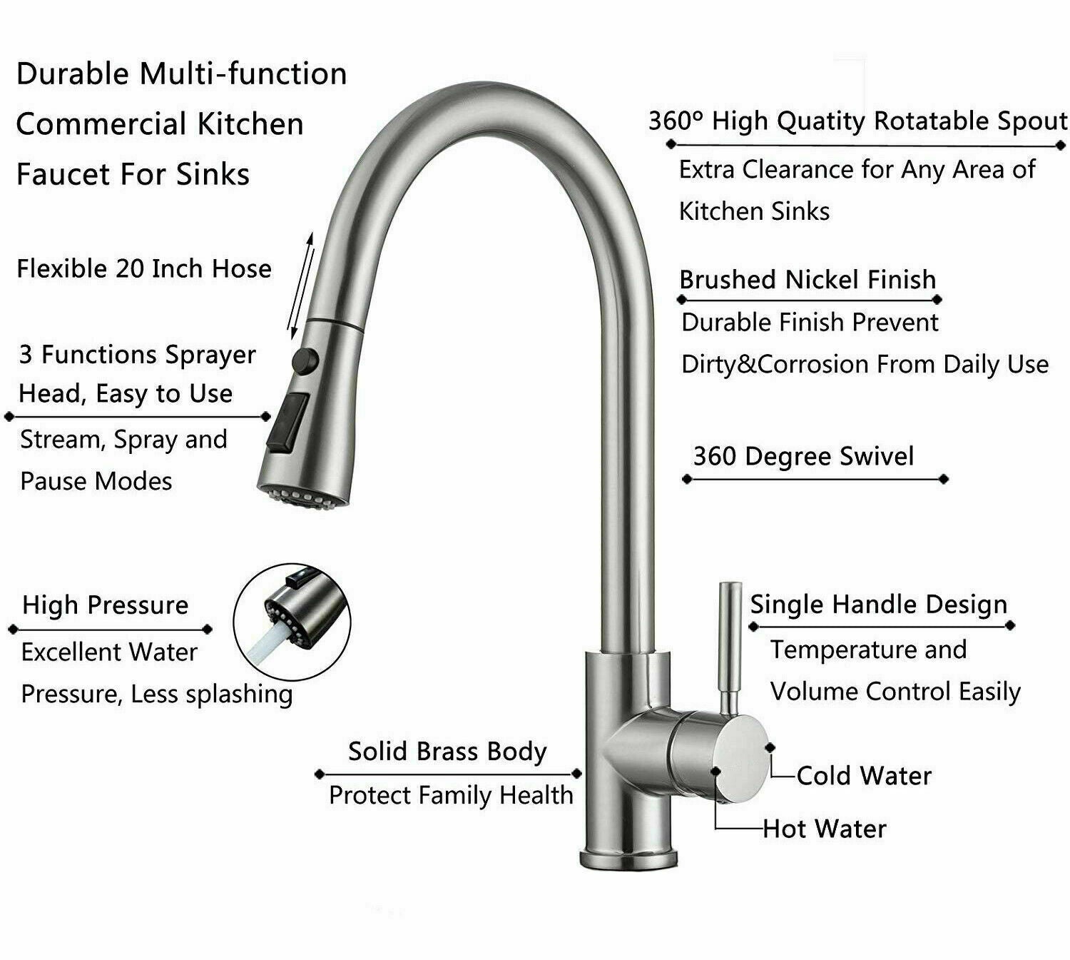 Kitchen Faucet， Pull Down Sprayer Stainless Steel Kitchen Sink Faucet with Deck Plate