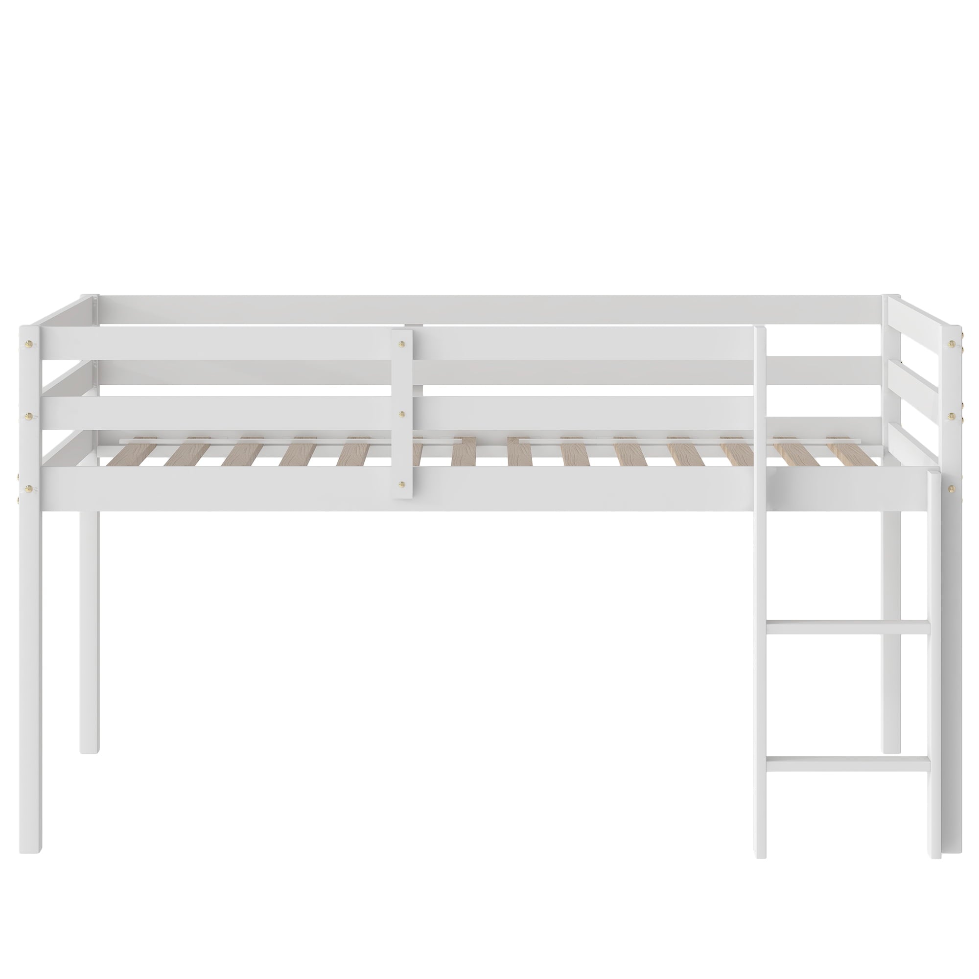 Twin Wood Loft Bed with Full-length Safety Rail and Ladder, Modern Loft Bed Frame for Kids Teens Adult, Space Saving Bedroom Low Loft Bed, No Box Spring Needed, White, J2309