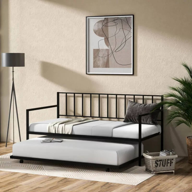 Twin Daybed Set with Metal Slat Support and Roll-Out Trundle