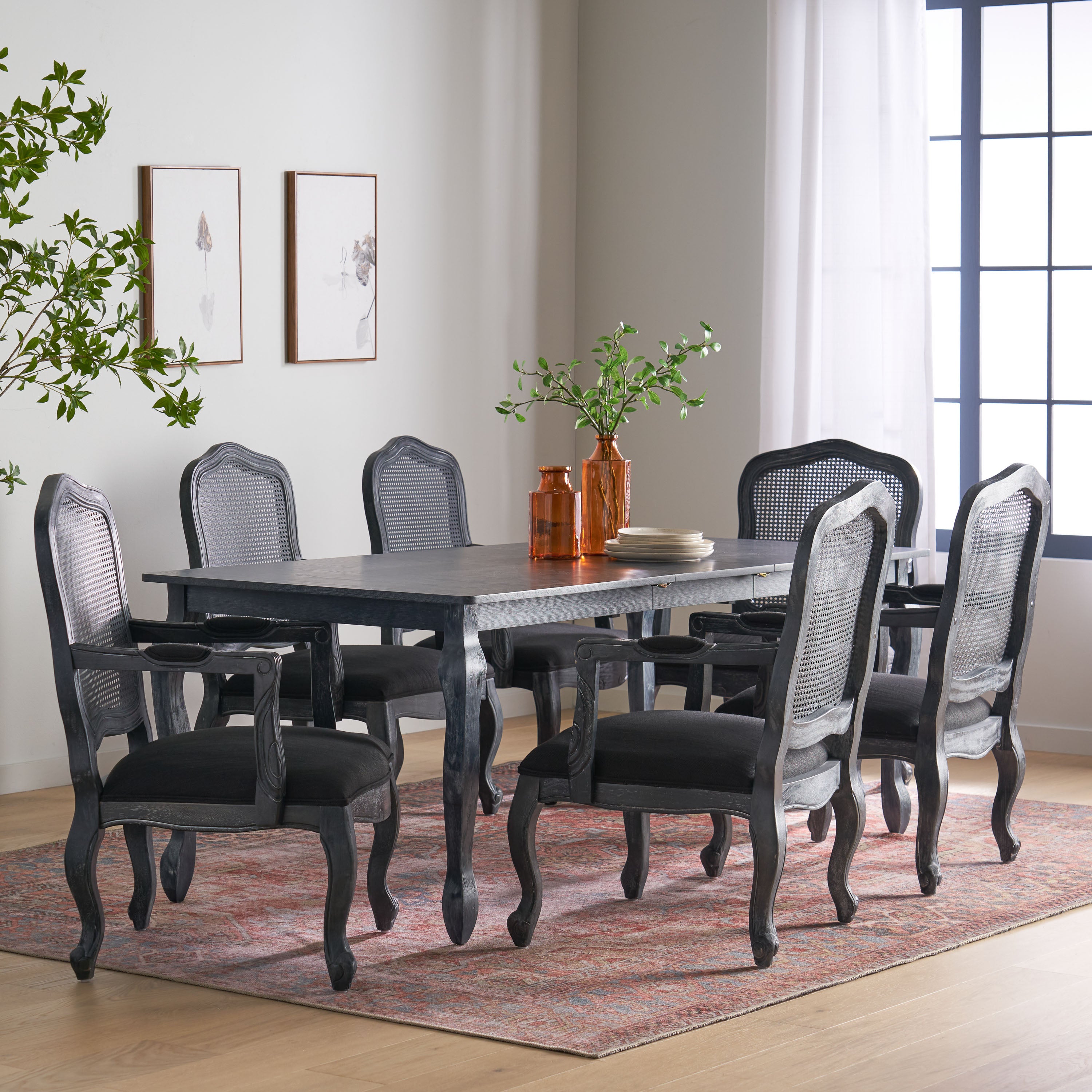 Bonview French Country Fabric Upholstered Wood and Cane Expandable 7 Piece Dining Set