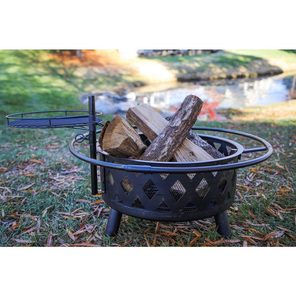 BLUEGRASS LIVING 30 in. Roadhouse Steel Deep Bowl Fire Pit with Swivel Height Adjustable Cooking Grid BFPW30RH