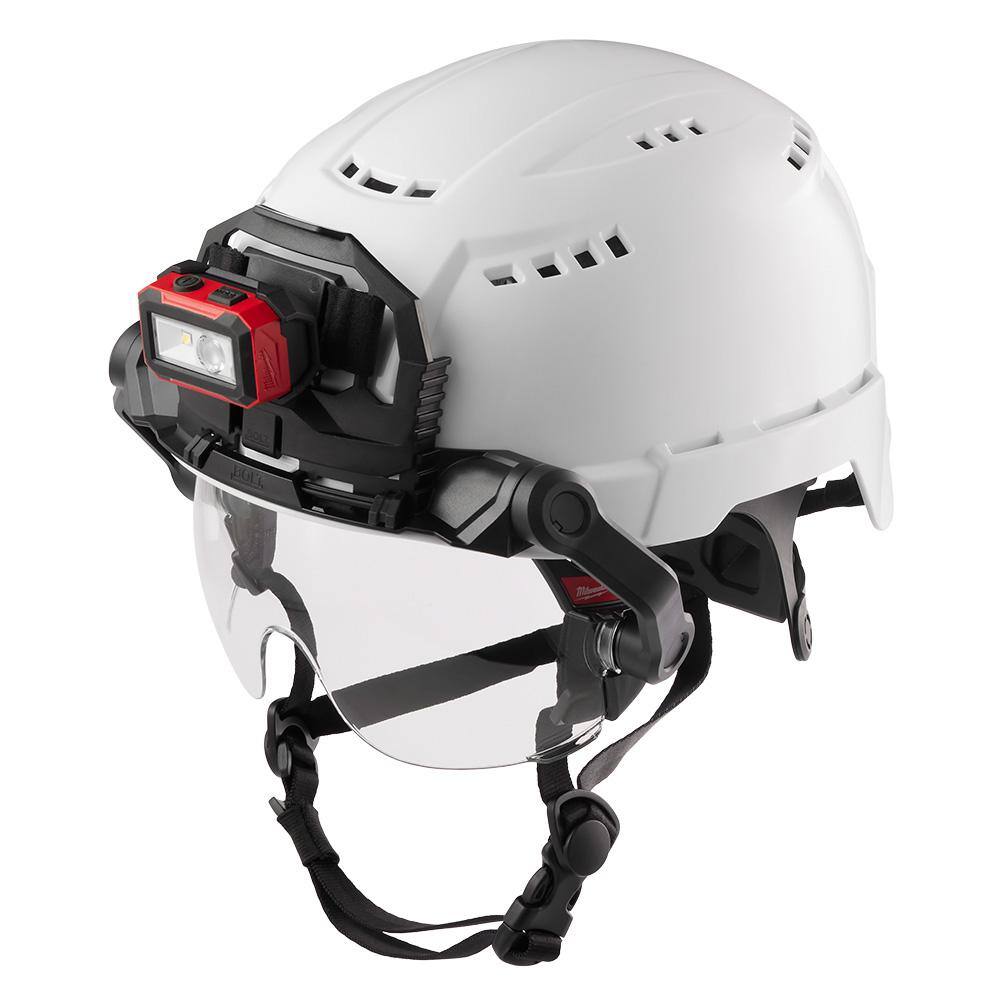 MW BOLT White Type 1 Class C Front Brim Vented Hard Hat with 4 Point Ratcheting Suspension with Dual Coat Lens Eye Visor 48-73-1200-48-73-1410