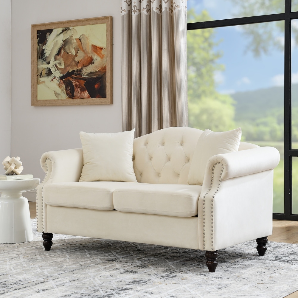 Beige Velvet Nailhead Trim Sofa Set  3 Seater + Loveseat