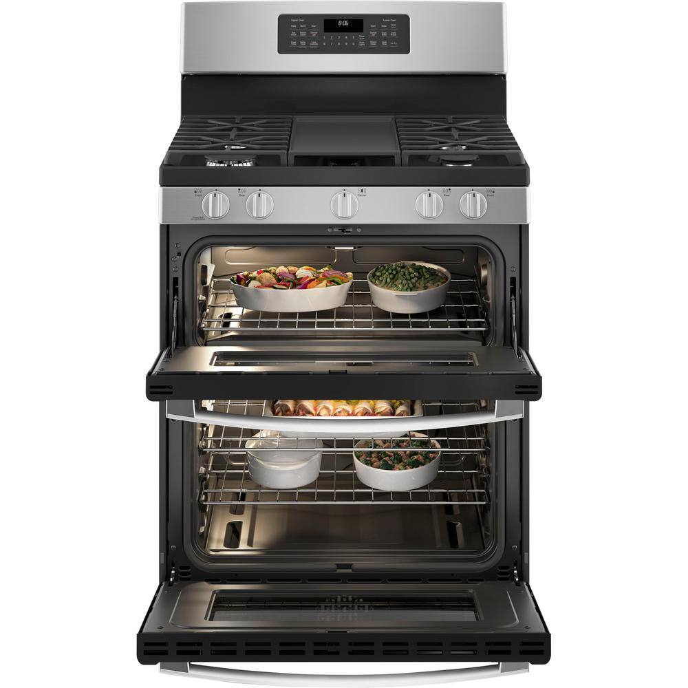 GE 30 in. 6.8 cu. ft. Freestanding Double Oven Gas Range in Stainless Steel with Convection and Air Fry JGBS86SPSS