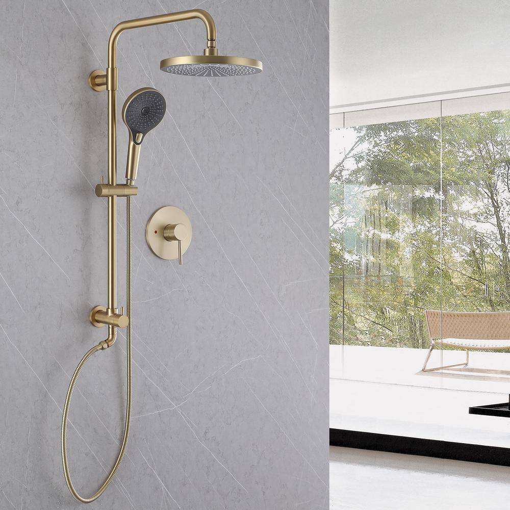 Tomfaucet 2-Spray Patterns 10 in. Wall Mount Dual Shower Heads with 3-Setting Hand Shower System in Brushed Gold TFK0113BG