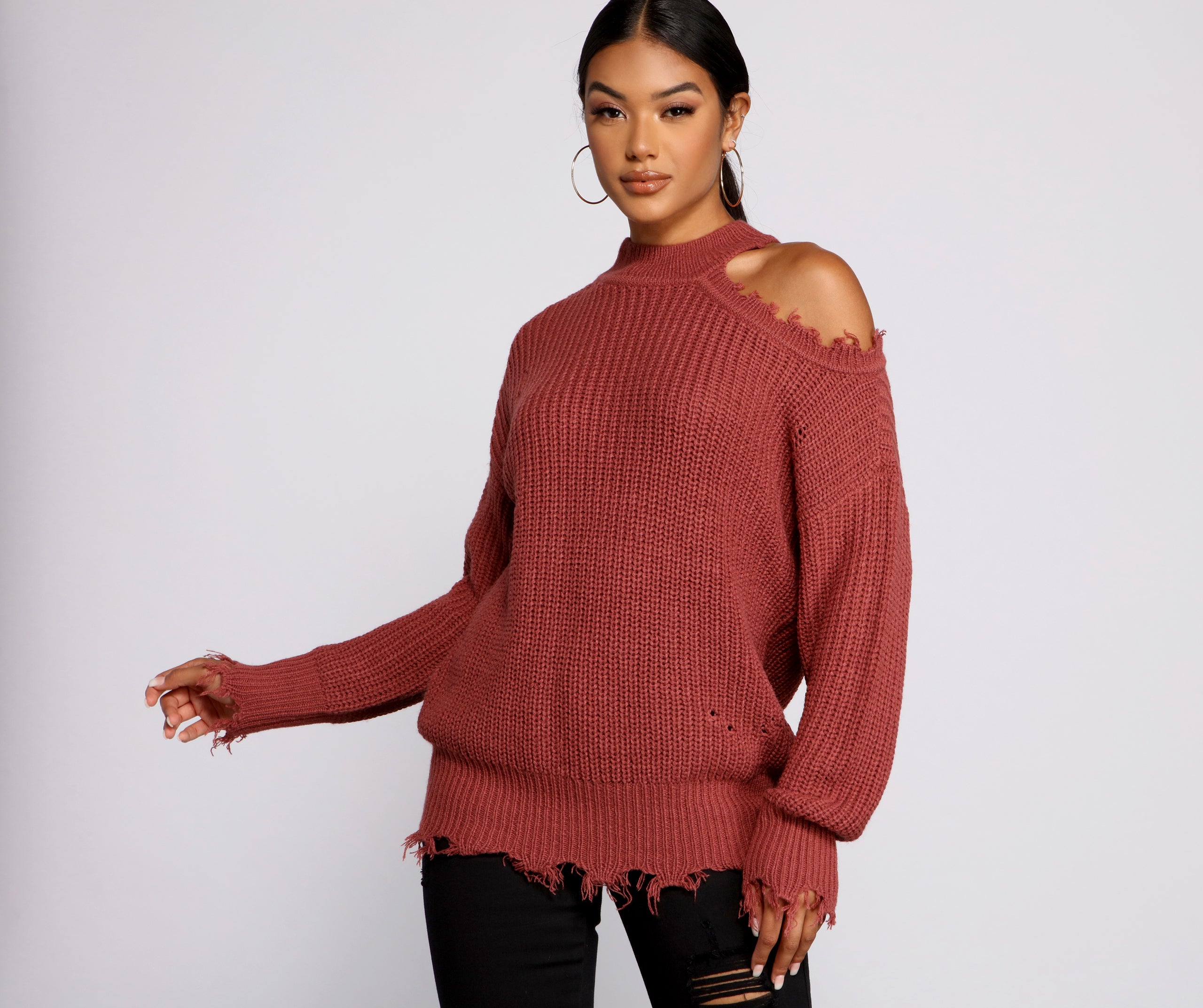 Distressed Cold Shoulder Crew Neck Sweater