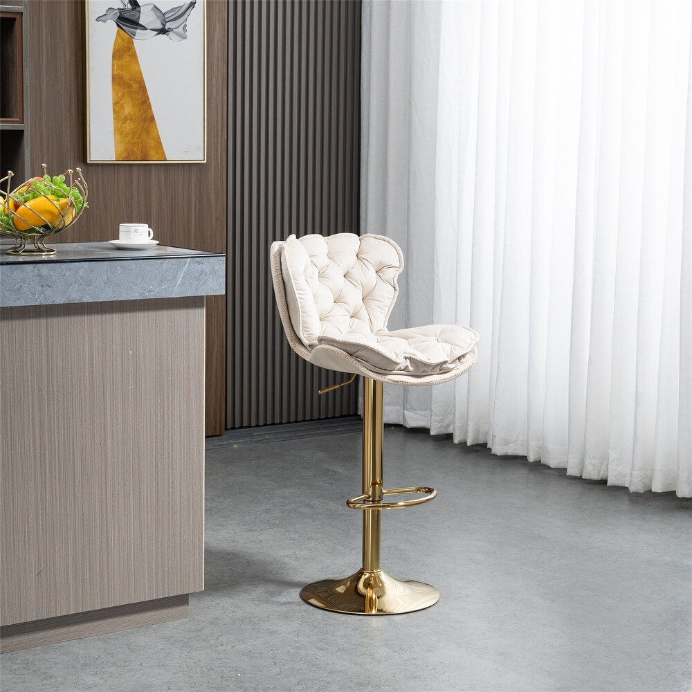 Modern Swivel Bar Stools  Set of 2  Adjustable Counter Height Velvet Upholstered Tufted Bar Stools with Back   Footrest  Ivory