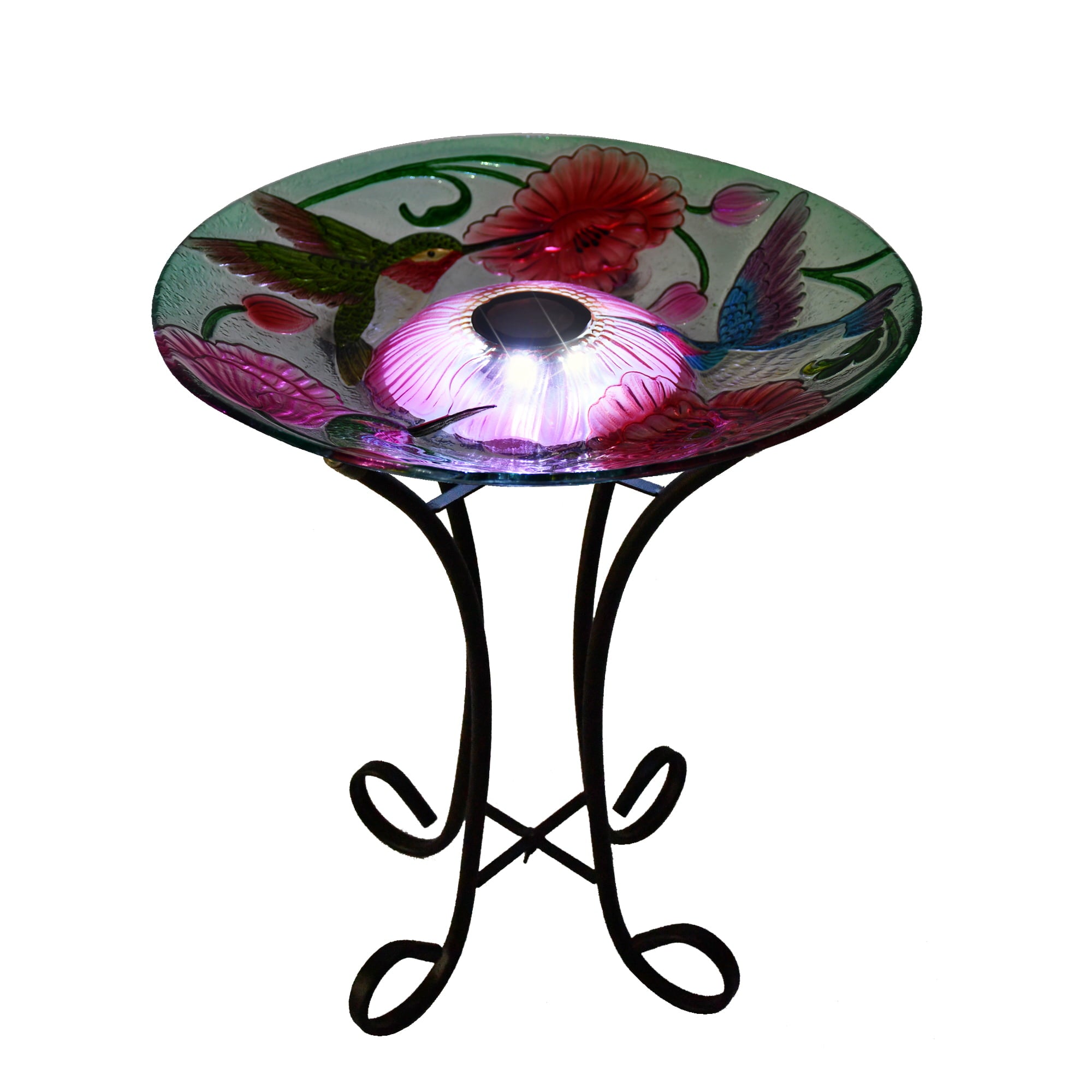 Hi-Line Gift Solar Led Floral Glass Bird Bath with Stand - Hummingbird & Poppies