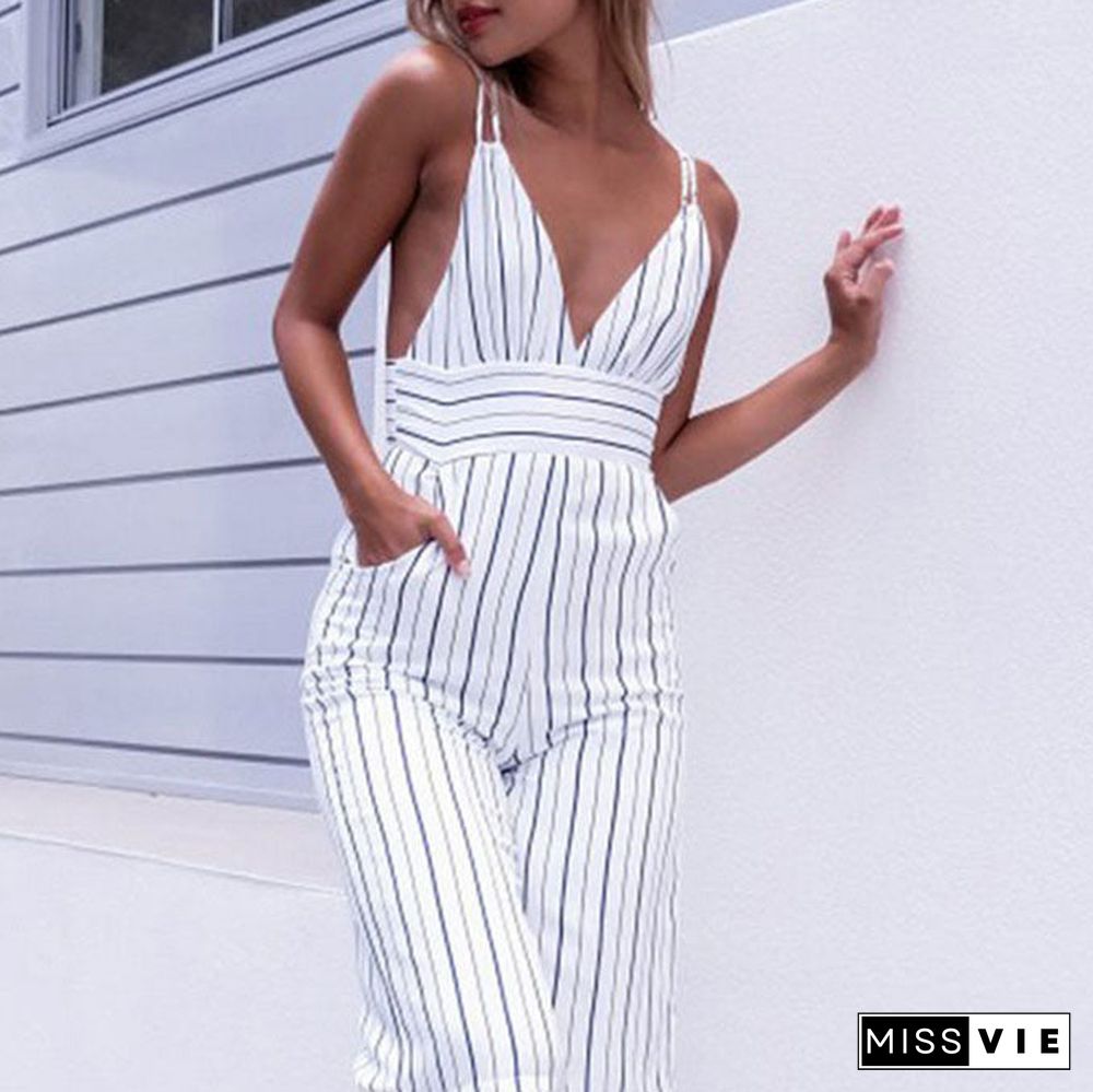 Strappy Spaghetti Strap Striped Plunge High Waisted Jumpsuit Low Back