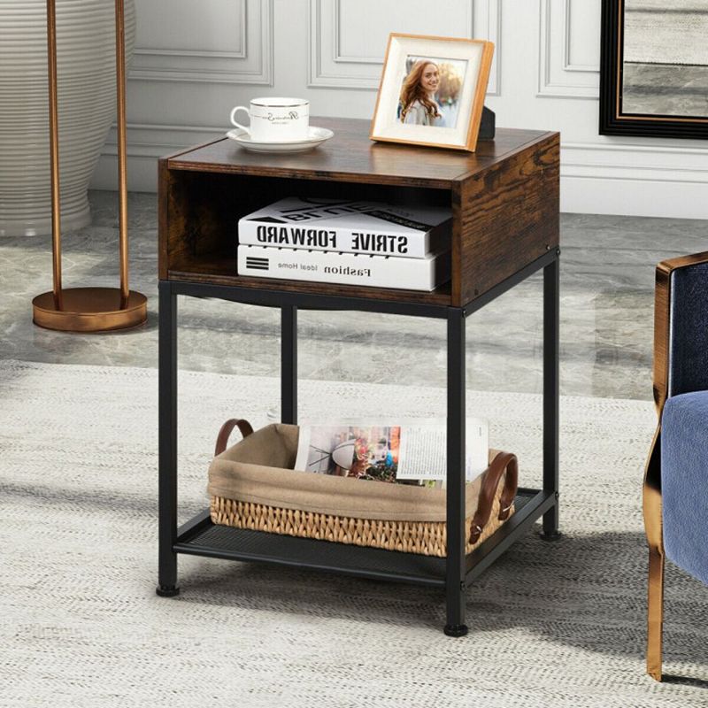 Hivago Industrial Nightstand End Side Table with Mesh Shelf