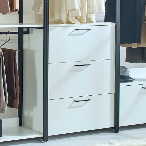 Garment Rack White Freestanding Walk in Wood Closet System with Metal Frame and 4-Drawer， Bedroom Clothing Armoires - - 37828157