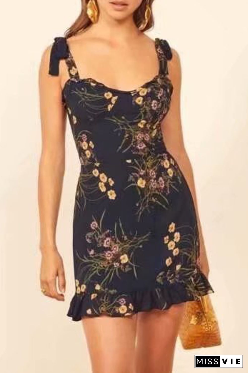 Elegant Floral Split Joint Flounce Spaghetti Strap A Line Dresses