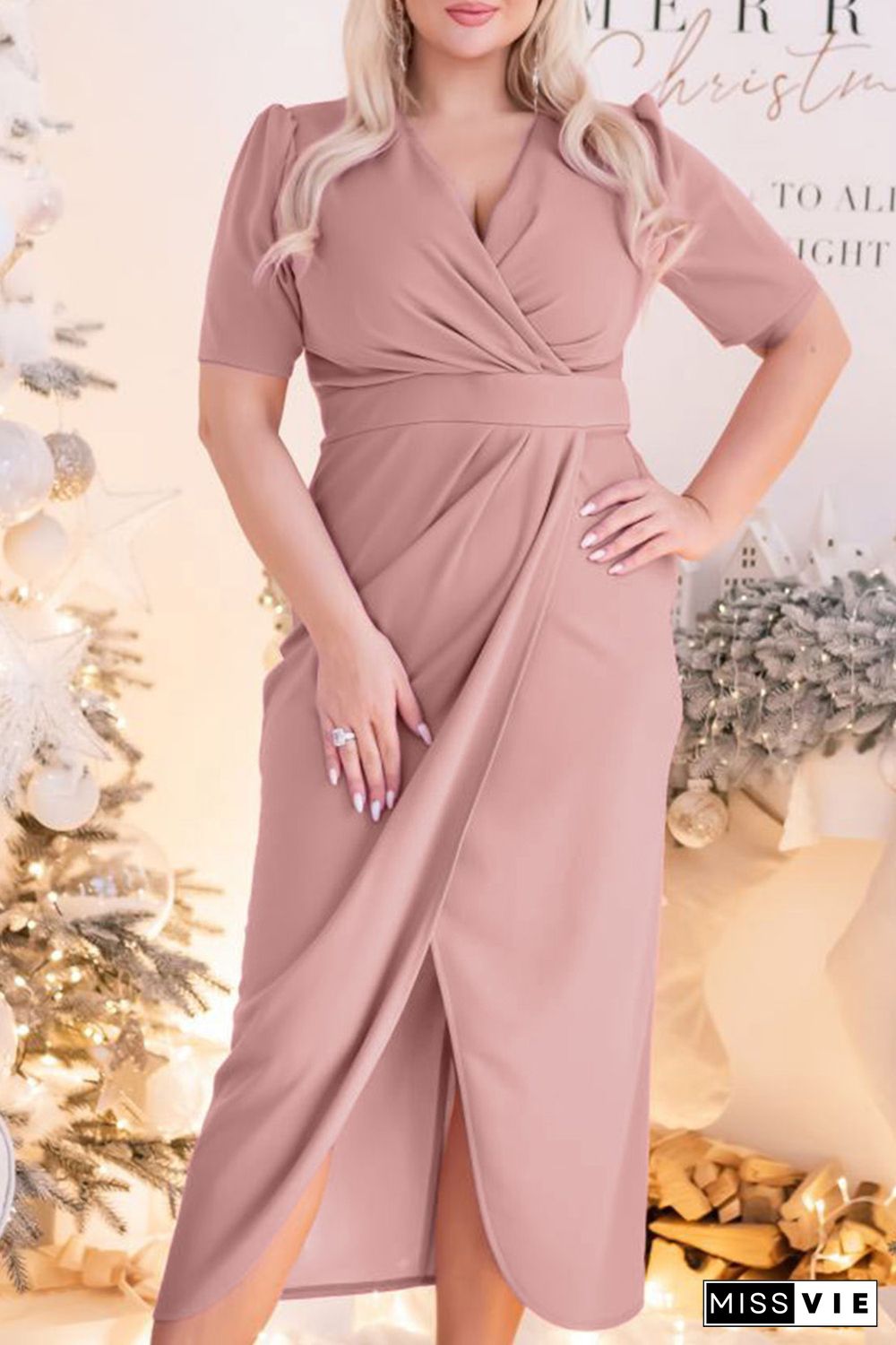 Pink Plus Size Wrap V Neck Slit Hem Midi Dress