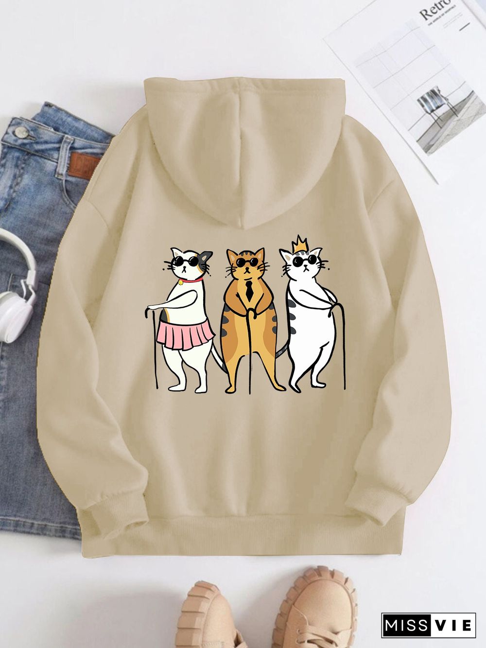 Printed on the Back Kangaroo Pocket Hoodie Long Sleeve for Women Pattern  Three Best Friend Cats