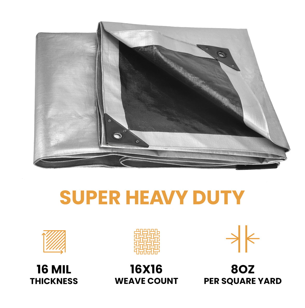 WHITEDUCK 6' x 8' Super Heavy Duty Poly Tarp Thick 16 Mil, Waterproof 100% UV Resistant Rip/Tear Proof Tarp w/Rustproof Grommets & Reinforced Edges (Silver Black)