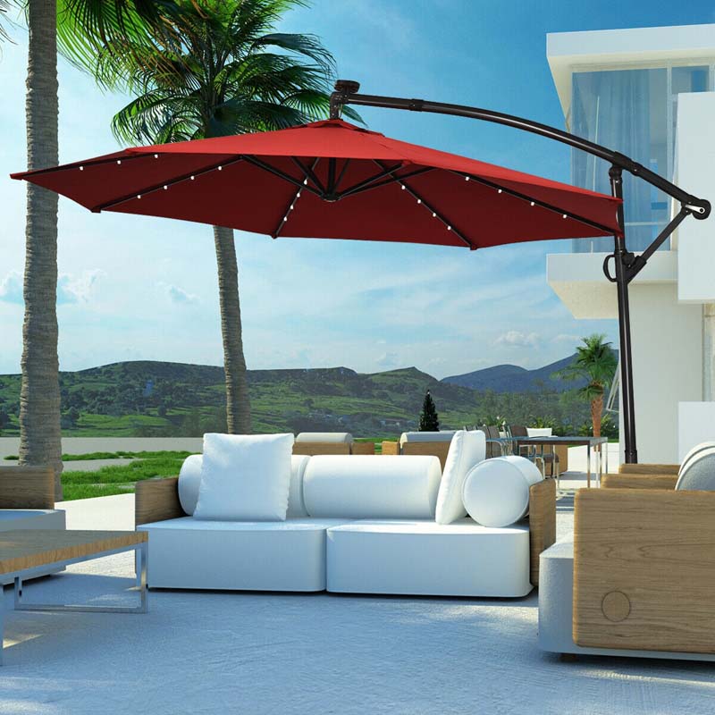 10 FT Patio Offset Umbrella with Solar Lights 360° Rotation Outdoor Market Umbrella with Crank Handle & Cross Base