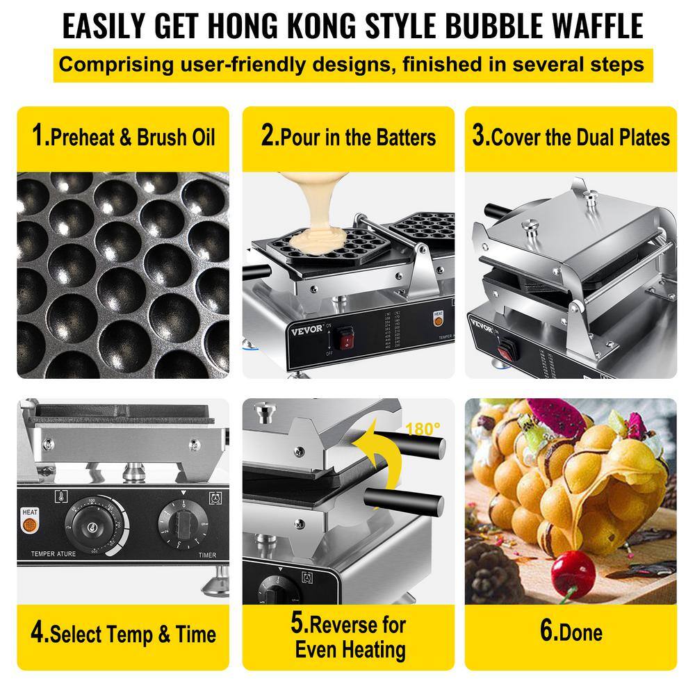 VEVOR Commercial Bubble Waffle Maker Electric Egg Waffle Cone Hong Kong Egg Puff Maker 1500W Egg Waffle Maker 122-572℉ DZHT-1106110VDMFHV1