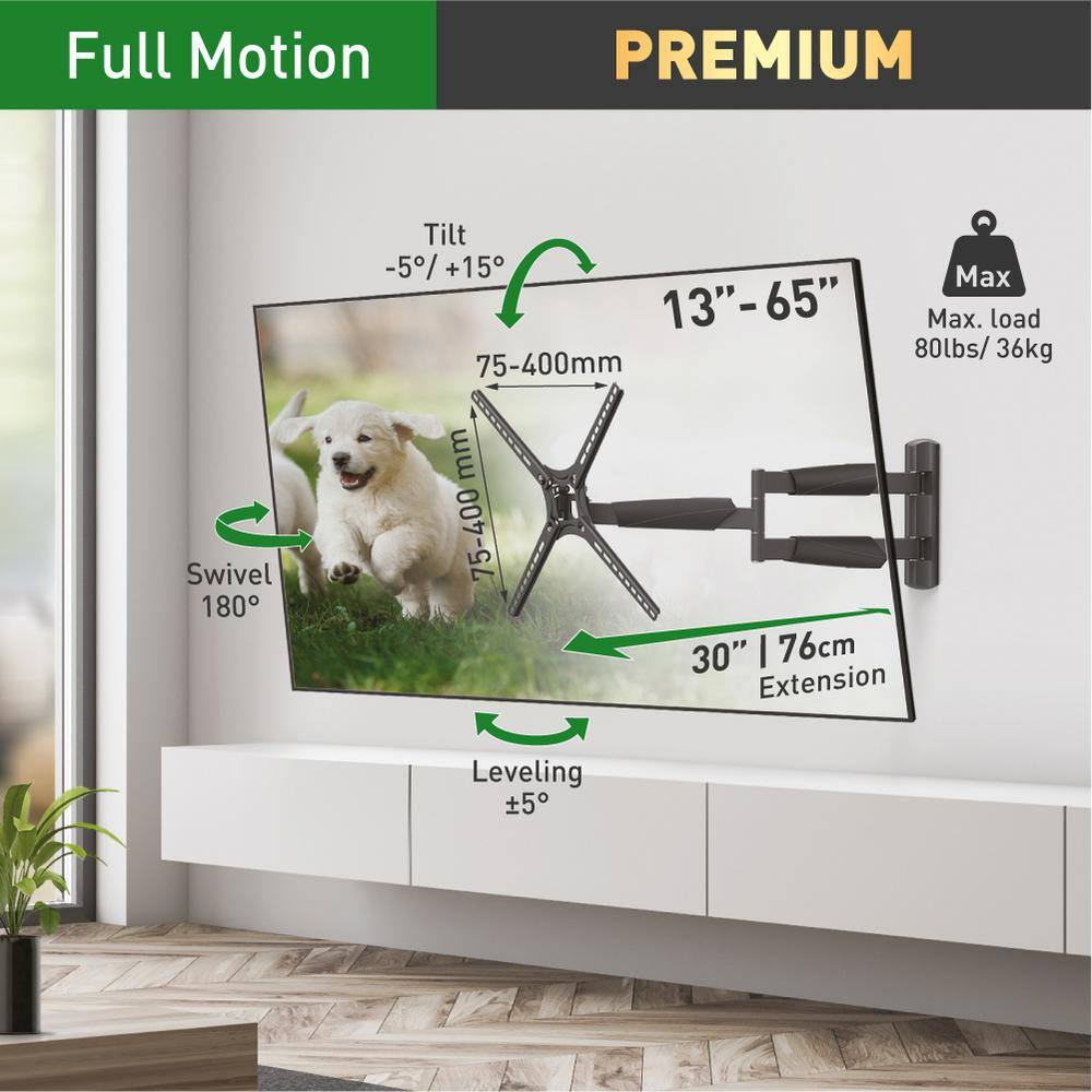 Barkan a Better Point of View Barkan 13 in. to 65 in. Full Motion 4-Movement Extremely Extendable Extra Long FlatCurved TV Wall Mount in Black BM343XL