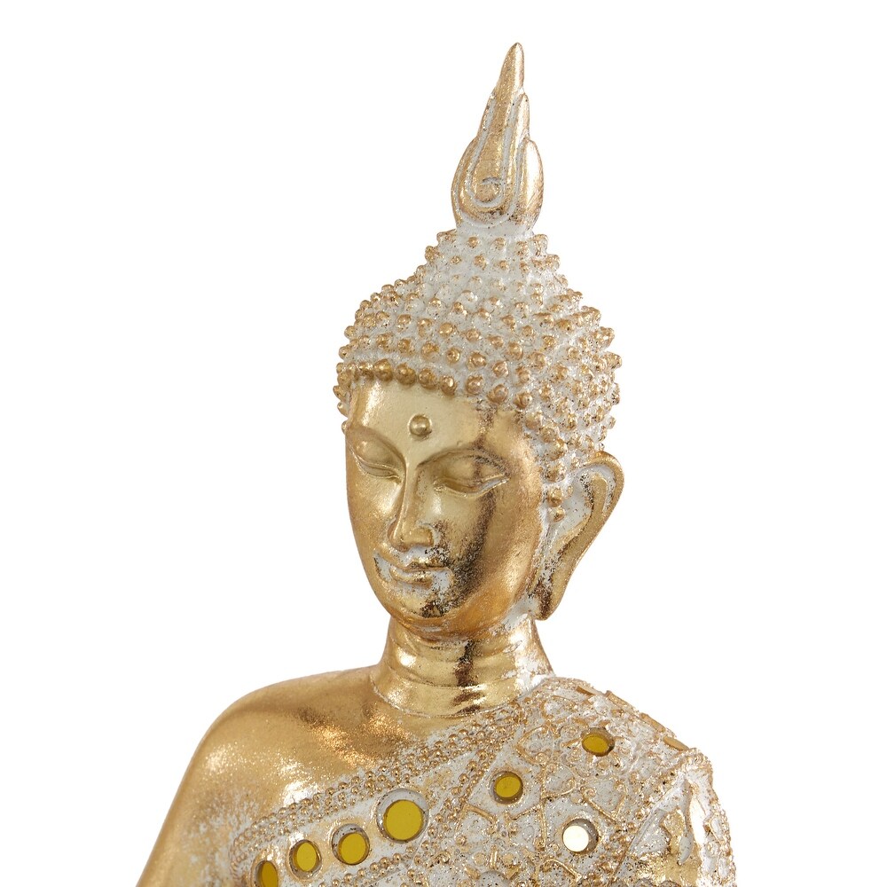 Gold Polystone Meditating Buddha Sculpture with Engraved Carvings and Relief Detailing (Set of 2)   8 x 5 x 10 and 8 x 4 x 11