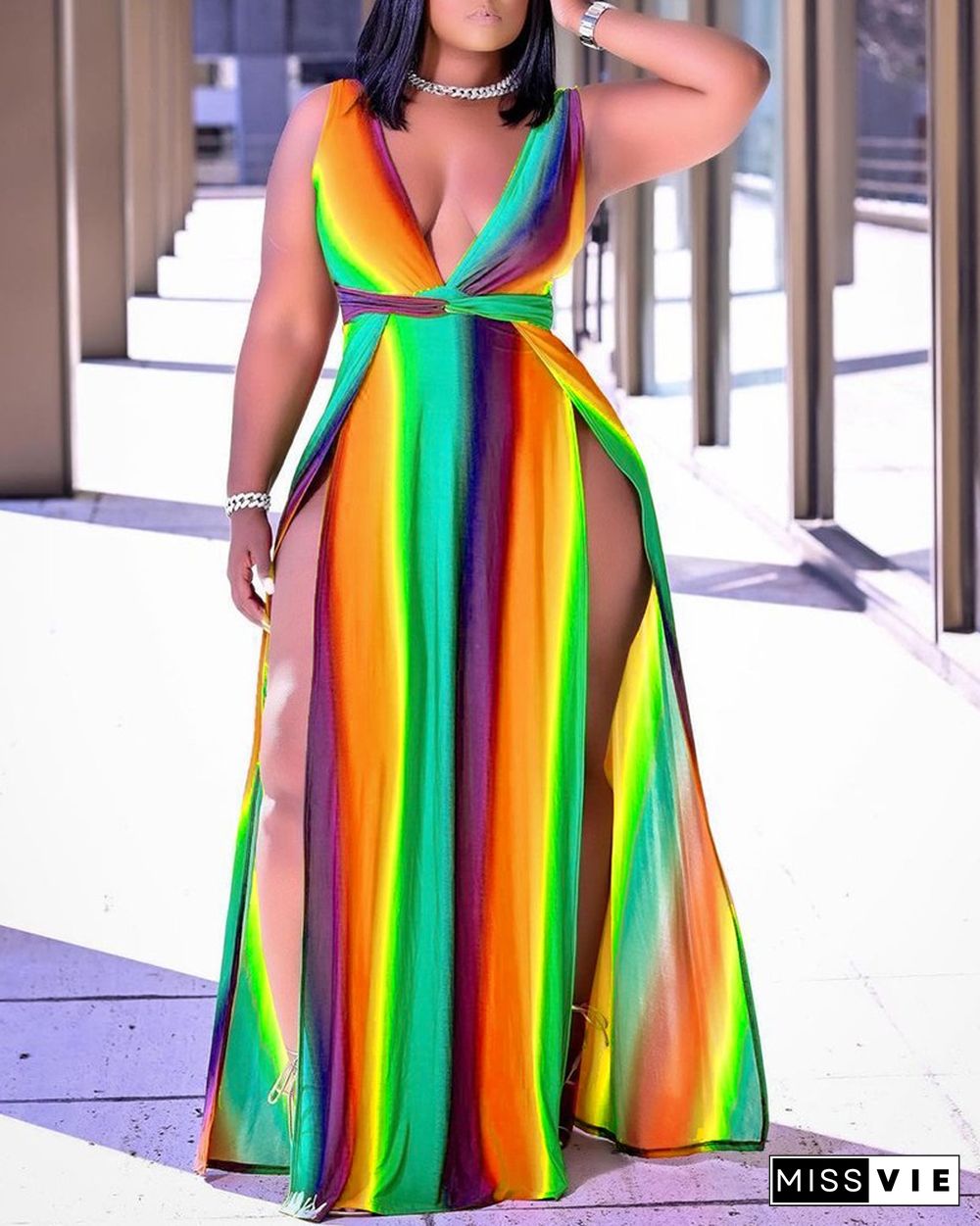 Colorblock High Slit Sleeveless Maxi Dress