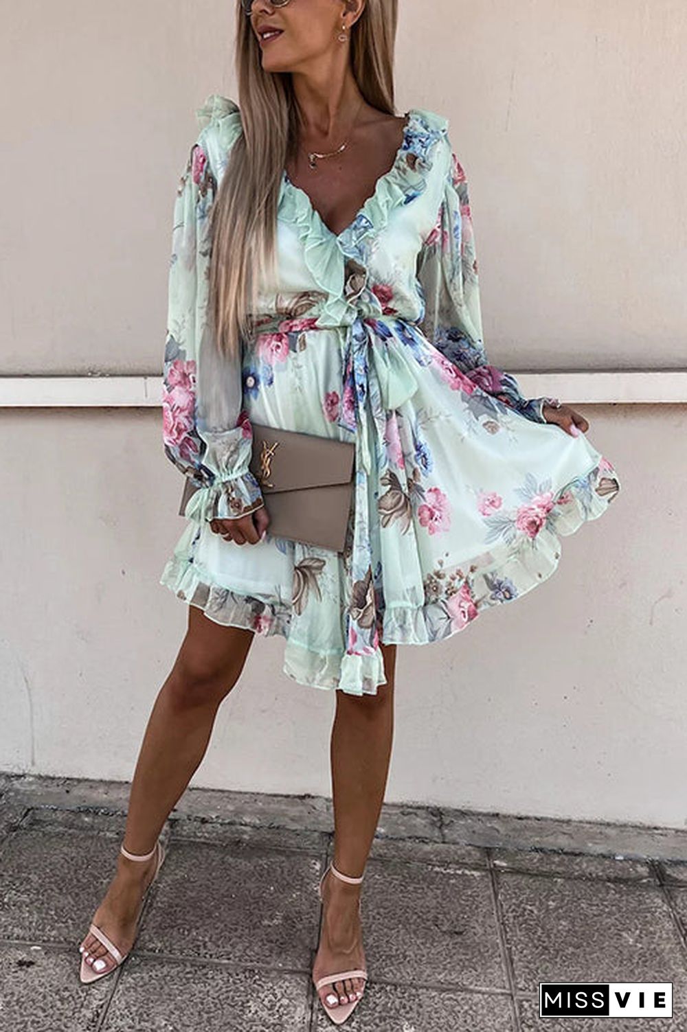 Ruffles Floral V Neck Long Sleeve Mini Dress