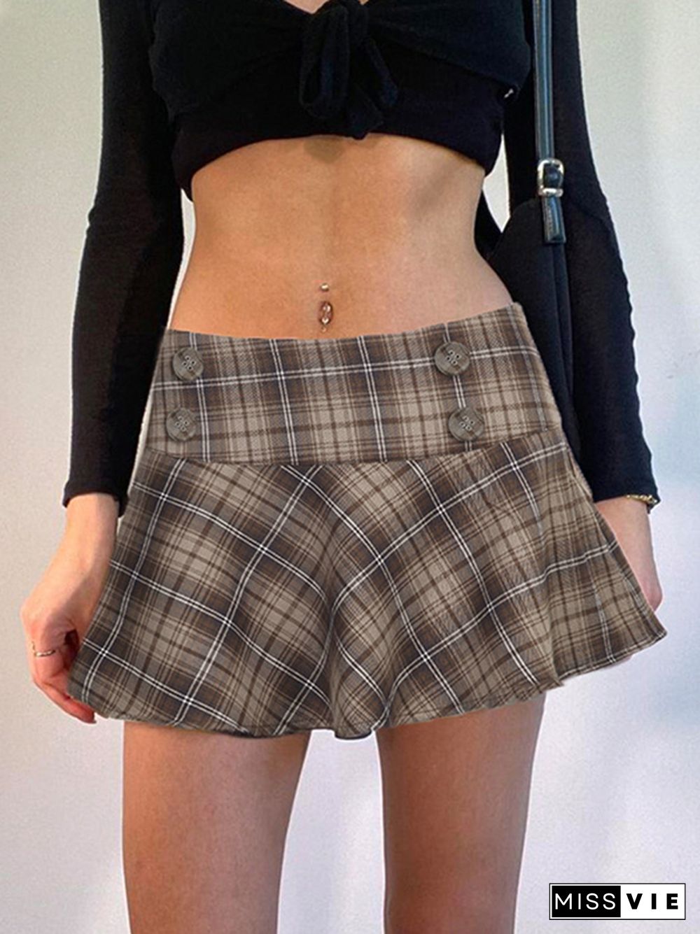 Vintage Plaid Splice Button Decor Mini Skirt