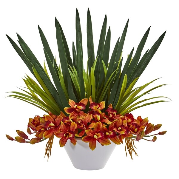 Cymbidium Orchid Artificial Arrangement in White Bowl